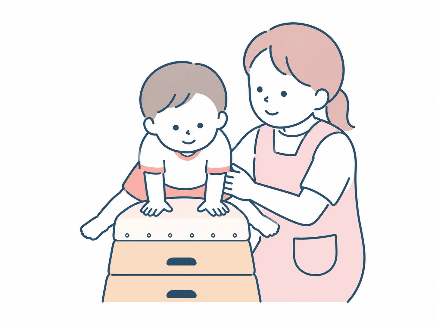 保育士が一人のこどもに寄り添い跳び箱の補助をしているイラスト