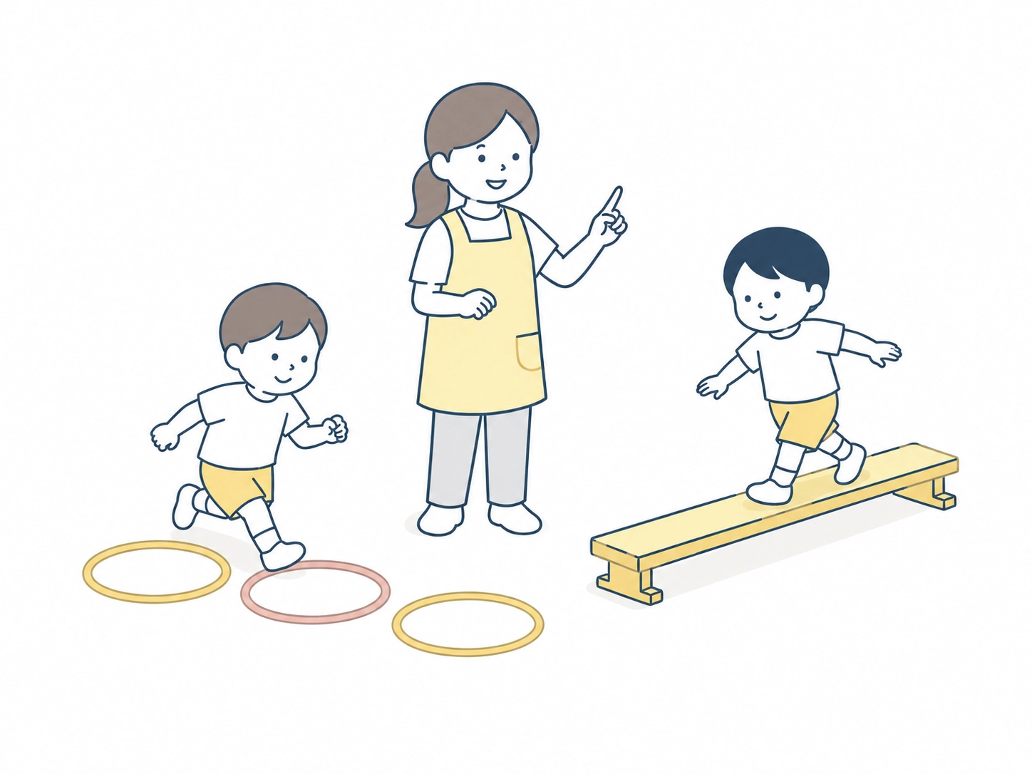 保育士が複数のこどもを見渡しサーキット運動を指導しているイラスト