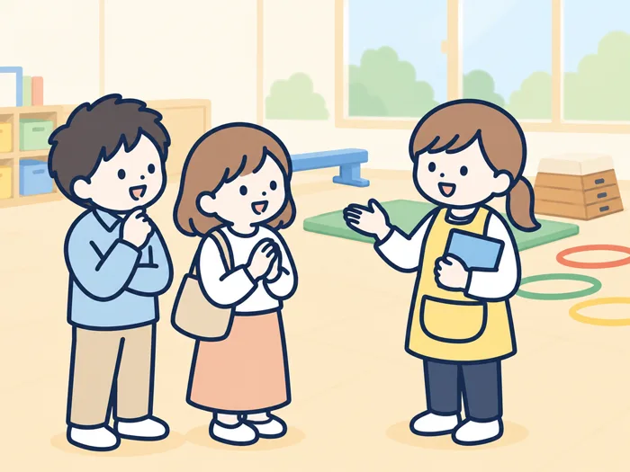 園見学で保護者に説明する園長