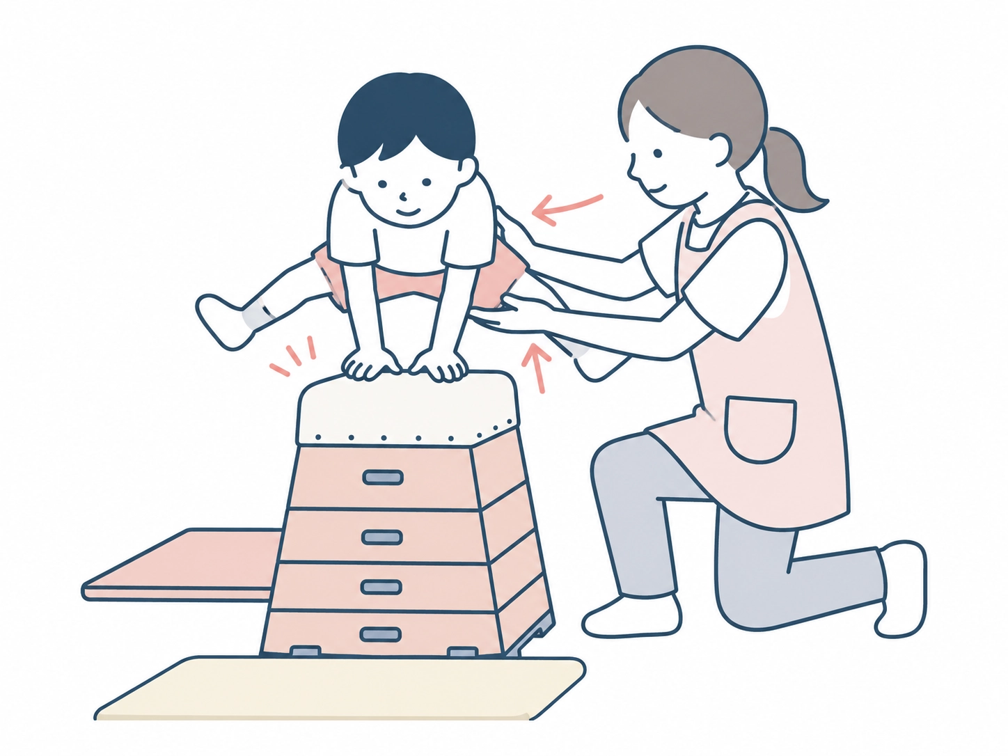 跳び箱の補助で手の位置を示すイラスト