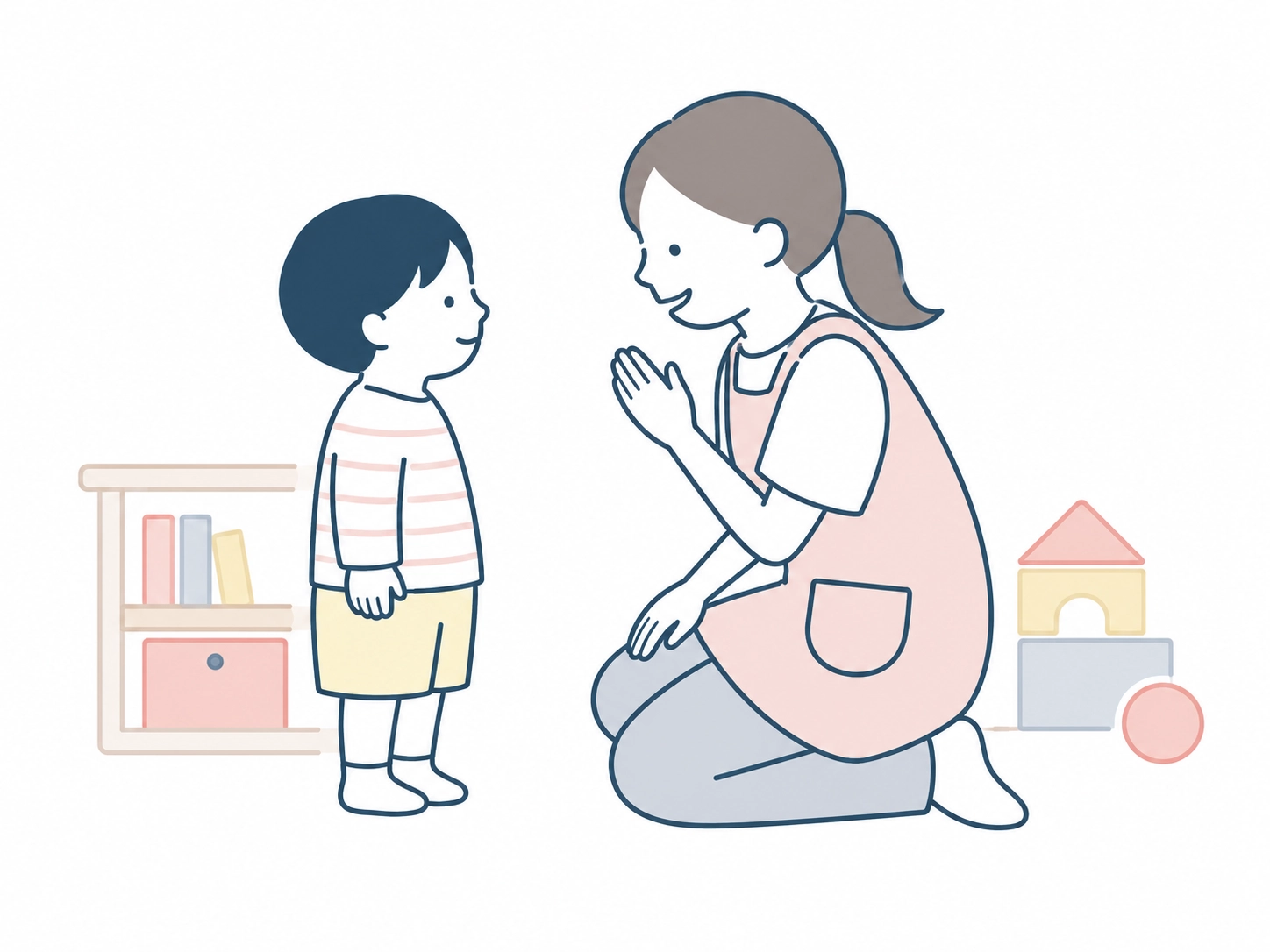 こどもと目線を合わせて関わる保育士のイラスト